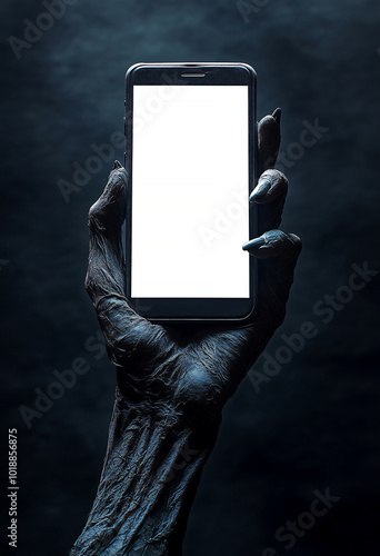 Creepy zombie monster hand holding smartphone with empty white screen. Dark background moonlight. Halloween concept. Cinematic moody scene, horror movie theme.
