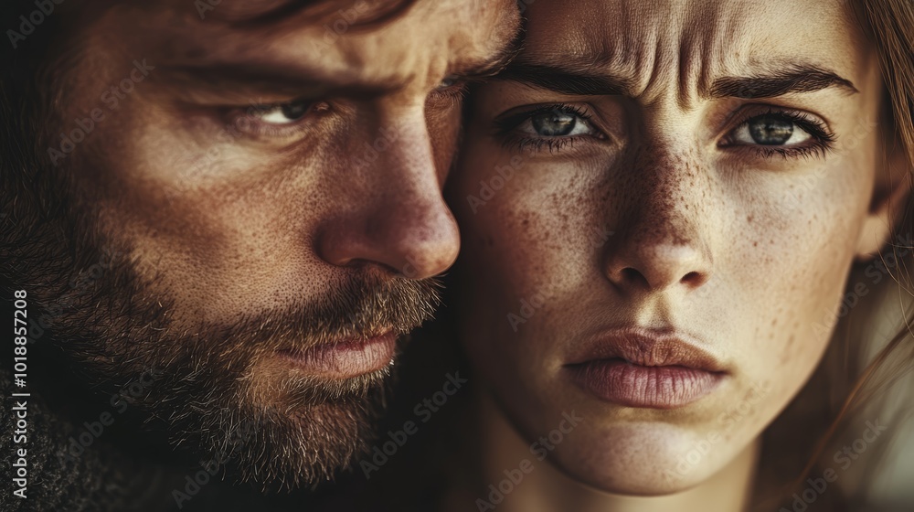 Intense close-up of a man and woman with striking features and expressive emotions. Intense close-up of a man and woman with striking features and expressive emotions.