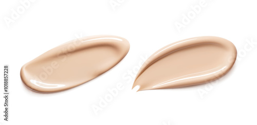 Foundation beige stroke. Face Cosmetic, make up. Cream texture, liquid cosmetic smear. Foundation, BB cream, CC cream, Concealer, face skin product. Realistic Vector 3d Illustration Set