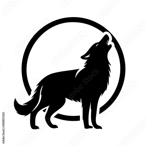 Silhouette of a wolf howling on a mountain peak. Logo vector illustration