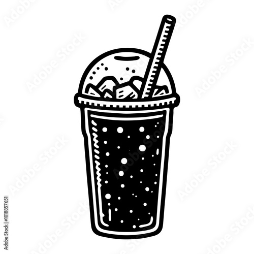 Frappuccino or frozen frappe coffee in plastic to go cup. monochrome clip art vector illustration