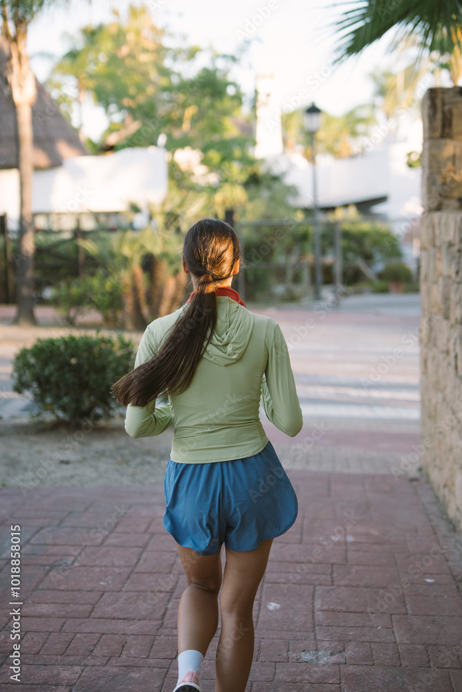 Fototapeta premium A woman is jogging energetically in a lush and vibrant outdoor setting filled with greenery