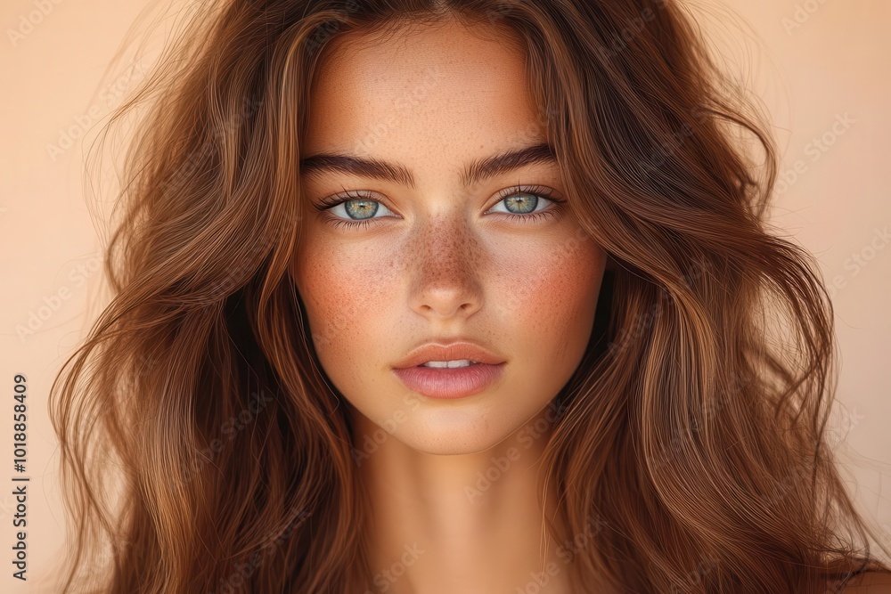 Naklejka premium model with lustrous straight brown hair cascading down radiating natural beauty with glowing skin elegantly posed for a skincare advertisement exuding confidence and charm