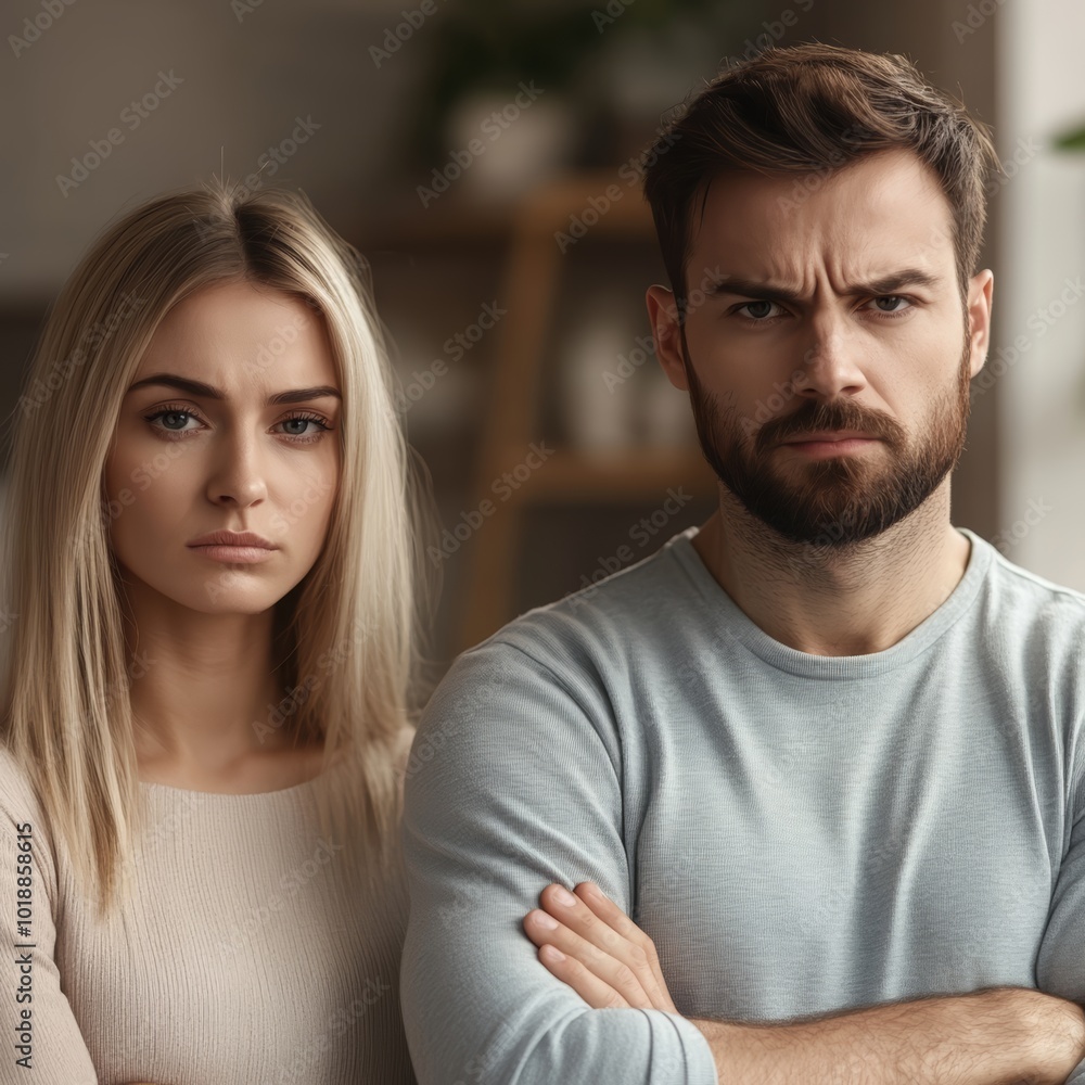 A serious Caucasian couple with crossed arms, expressing tension in a modern indoor setting. A serious Caucasian couple with crossed arms, expressing tension in a modern indoor setting.