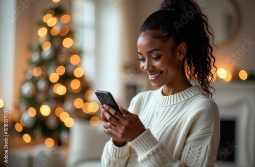 A young African American woman in a beige sweater looks at the phone screen in a cozy living room decorated for Christmas with a New Year tree.