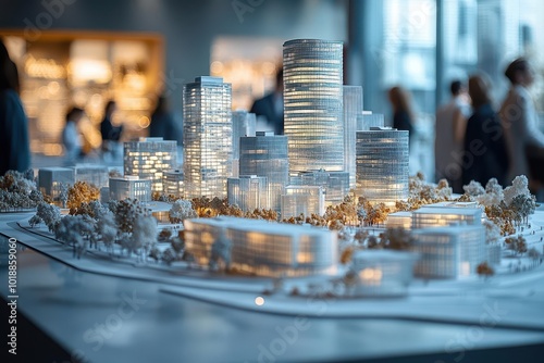 modern architectural model of a sleek business complex with a diverse team of professionals examining the miniature buildings surrounded by blueprints and digital screens