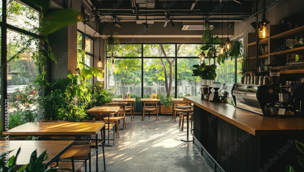 Modern Cafe with Green Plants Modern Cafe with Green Plants