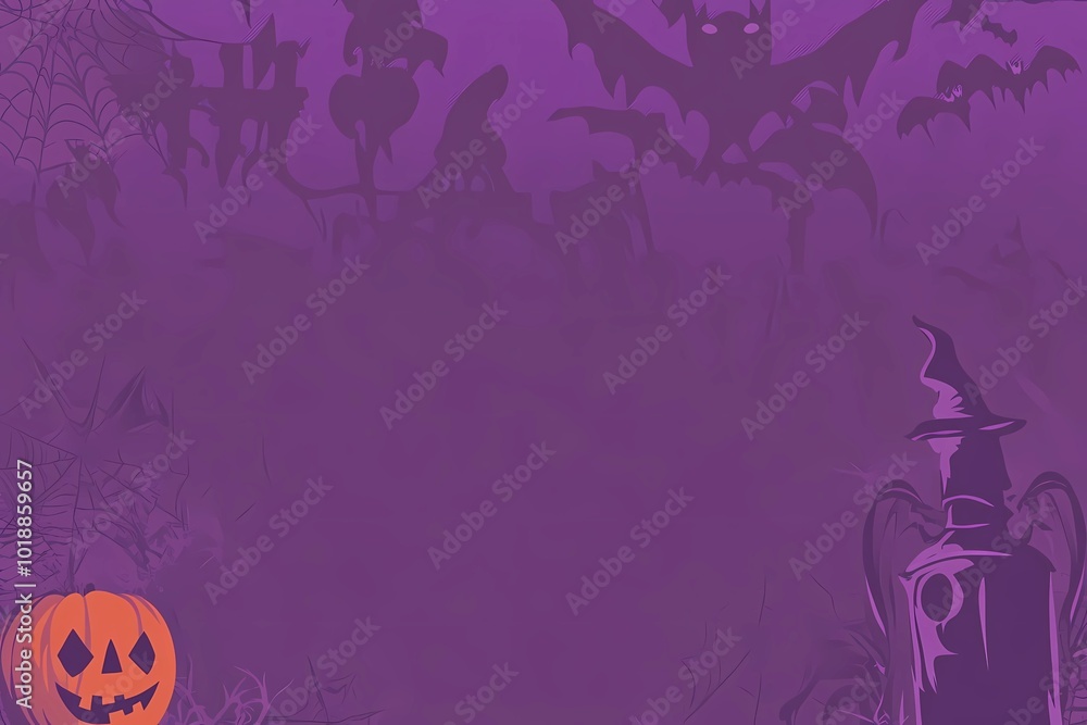 Abstract Halloween-themed background. Spiders, witch hats, cobwebs, pumpkins on a purple background Abstract Halloween-themed background. Spiders, witch hats, cobwebs, pumpkins on a purple background