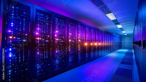 A long hallway of servers in a data center with blue and purple lighting.