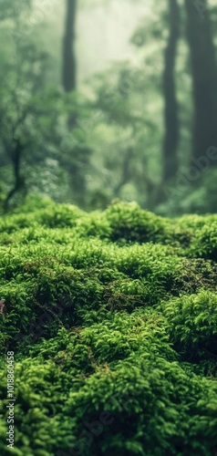 Explore the enchanted forest with lush green moss, soft mist, and dark trees under atmospheric lighting