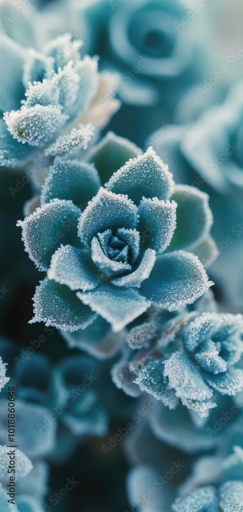 Macro shot of a frozen succulent plant with intricate frost details showcasing cool blue and green tones Macro shot of a frozen succulent plant with intricate frost details showcasing cool blue and green tones