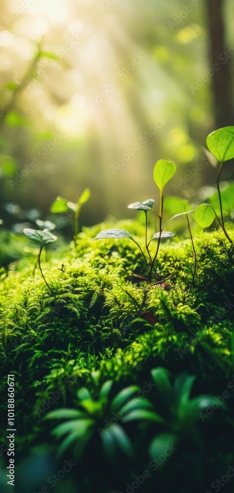 Vibrant moss thriving in a misty forest with sunlight filtering through lush trees Vibrant moss thriving in a misty forest with sunlight filtering through lush trees