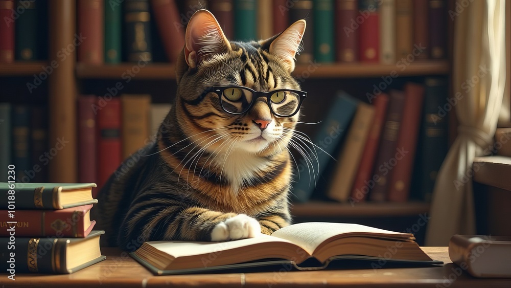 Amazing wise domestic beautiful ginger cat in round black glasses reading a book lying on a wooden desk. Cute fluffy animal Amazing wise domestic beautiful ginger cat in round black glasses reading a book lying on a wooden desk. Cute fluffy animal