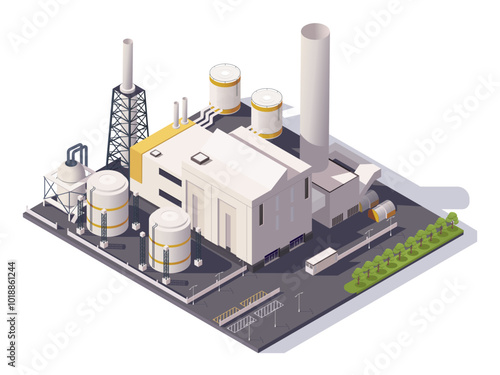 A detailed isometric view of an industrial factory with tanks and structures. Vector illustration