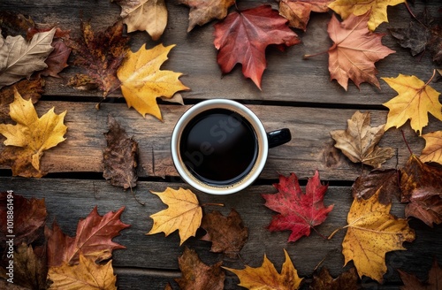 A cozy cup of coffee surrounded by autumn leaves on a wooden table in the aft...