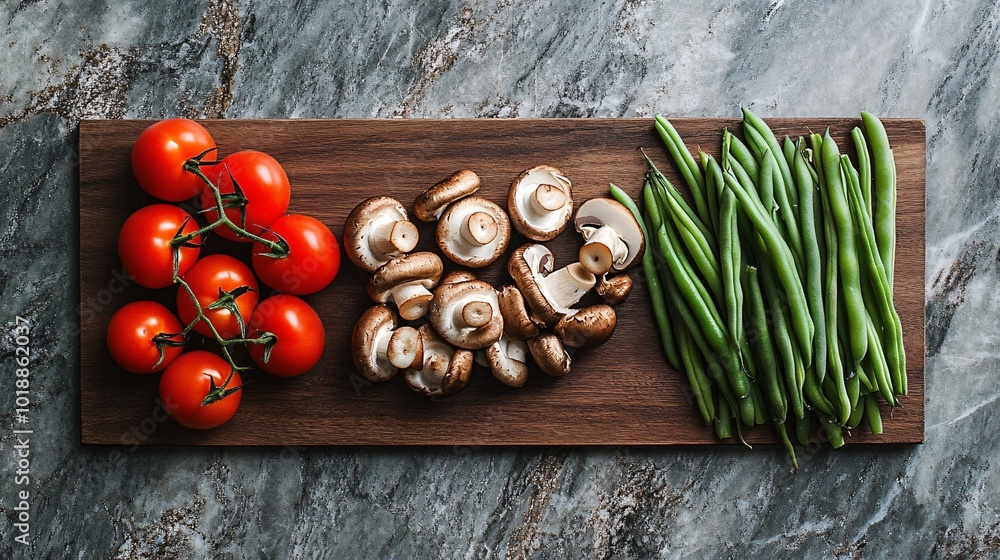 Fresh red tomatoes, brown mushrooms, and green beans on a wooden cutting board. Fresh red tomatoes, brown mushrooms, and green beans on a wooden cutting board.