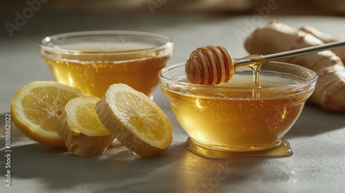 Freshly made honey with ginger and lemon served in bowls on a kitchen countertop