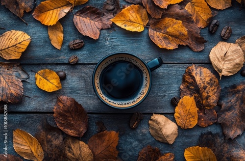 Coffee cup surrounded by autumn leaves on a rustic wooden table in the aftern...