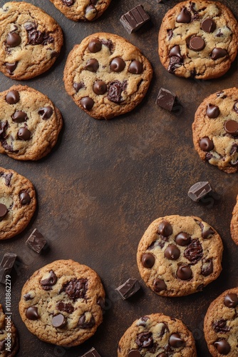 Delicious chocolate chip cookies arranged on a rustic brown background ready ...