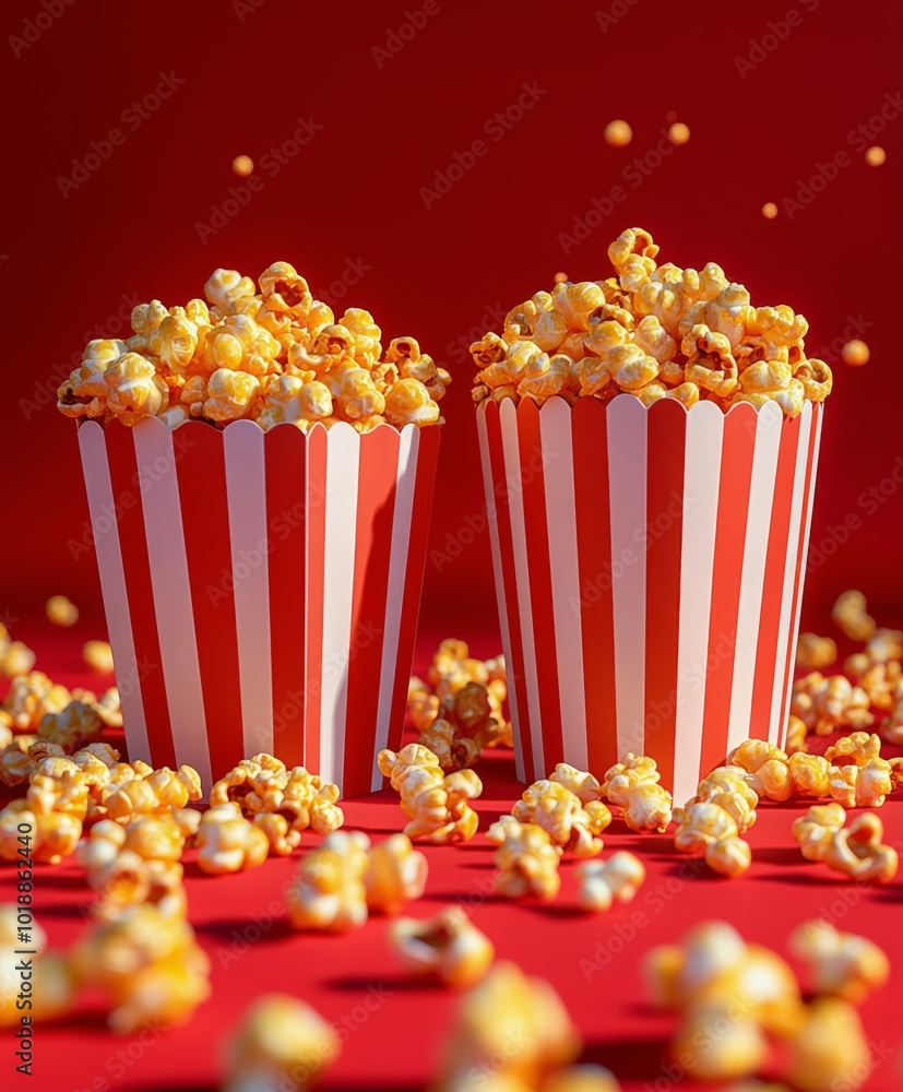 Warm, buttery popcorn spilling from striped containers on a vibrant red background Warm, buttery popcorn spilling from striped containers on a vibrant red background