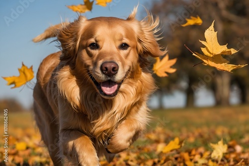 Golden Retriever takes off, playfully sailing through a sea of ​​autumn leaves, displaying pure canine joy.