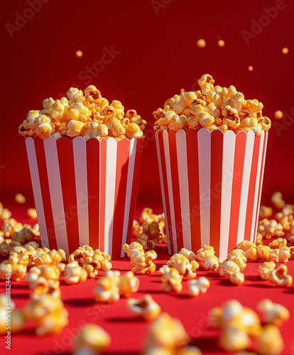 Warm, buttery popcorn spilling from striped containers on a vibrant red backg...