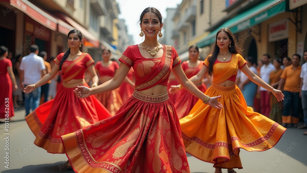 Naklejka premium Indian women dancing on the streets in traditional dresses