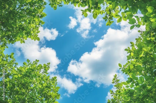 Bright blue sky and leafy branches create a serene atmosphere on a sunny day