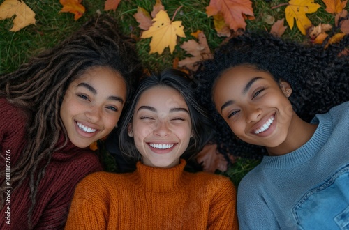 Three friends smiling and enjoying autumn while lying on colorful leaves in a...