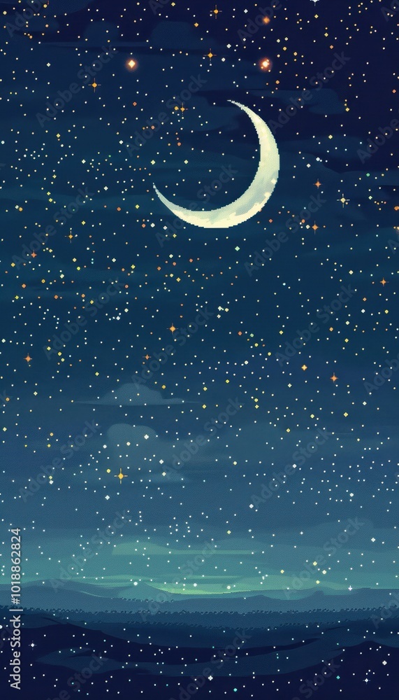 Starry Night Sky with Crescent Moon: Serene Pixel Art for Meditation and Wellness Design Starry Night Sky with Crescent Moon: Serene Pixel Art for Meditation and Wellness Design