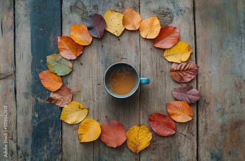 A cozy autumn arrangement of colorful leaves surrounding a steaming cup of co...