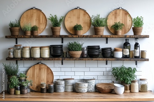 Rustic kitchen shelves filled with jars, herbs, and ceramic dishes in a cozy ...