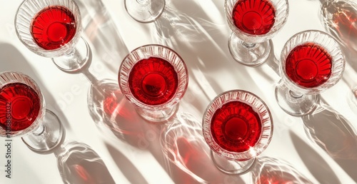 Colorful drinks filled with sparkling red liquid arranged neatly on a white t...