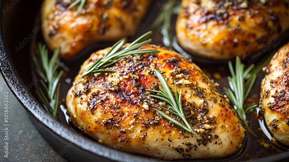 Succulent herb-crusted chicken breasts sizzle in a cast-iron skillet, their golden-brown skin glistening with aromatic rosemary sprigs and savory spices. Succulent herb-crusted chicken breasts sizzle in a cast-iron skillet, their golden-brown skin glistening with aromatic rosemary sprigs and savory spices.