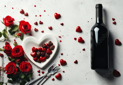Romantic heart-shaped dessert with chocolate and roses for a special evening ...