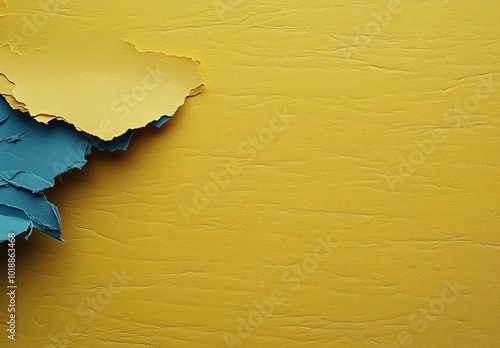 Torn yellow paper revealing a vibrant blue background with textured layers an...
