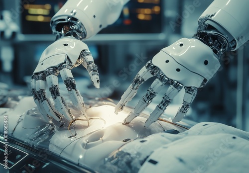 Robotic hands interact in a futuristic laboratory setting during a technology...