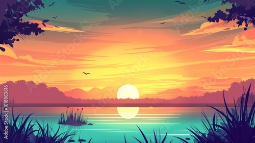 Scenic Cartoon Sunset Over Tranquil Lake with Colorful Sky and Reflection Vector Illustration