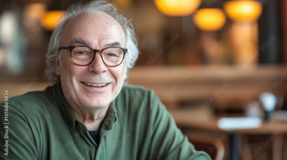 Close-up of a smiling elderly man with glasses, wearing a green shirt, sitting casually in a modern wooden cafe, bright ambient Close-up of a smiling elderly man with glasses, wearing a green shirt, sitting casually in a modern wooden cafe, bright ambient