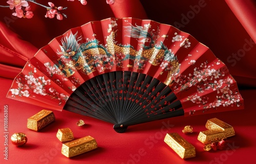 Elegant red fan with dragon design and gold decorations on a festive table se...