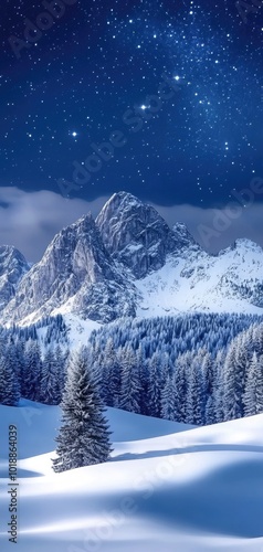 Serene winter night landscape featuring snow-covered mountains under a starry sky and soft moonlight