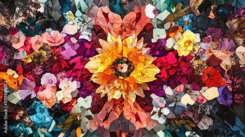 An abstract composition of fragmented flowers arranged in a kaleidoscopic pattern, evoking a sense of wonder and intrigue