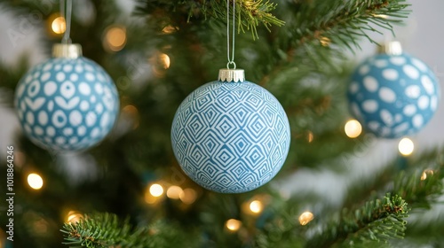 Decorative blue ornaments hanging elegantly, enhancing a festive atmosphere i...