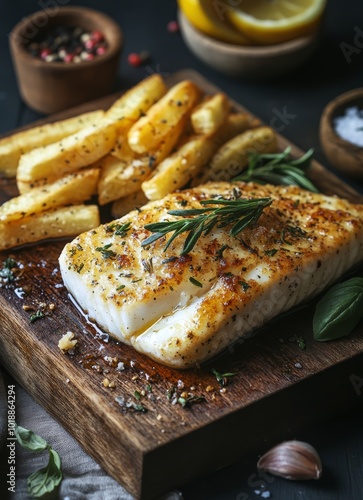 Deliciously seasoned fish fillet served with golden fries on a rustic wooden ...