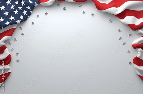 American flag with red and silver stars scattered on a light background for a...