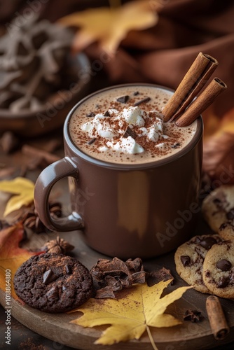 Warm coffee with cinnamon sticks and chocolate chips beside freshly baked coo...