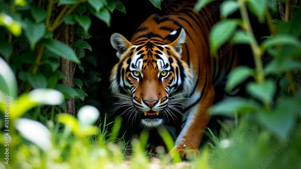 Fierce Tiger Hidden in Dense Green Bushes with Intense Yellow Eyes and Sunlit Shadows Fierce Tiger Hidden in Dense Green Bushes with Intense Yellow Eyes and Sunlit Shadows