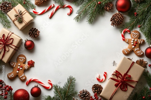 Holiday gift arrangement with decorations on a white background during winter...