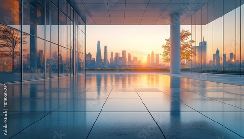 Modern urban architecture with sunset view over a city skyline from a glass b...
