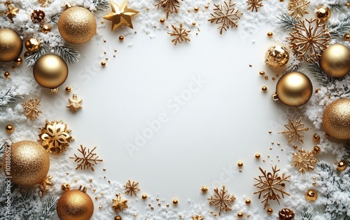 Elegant gold and white holiday decorations with ornaments and snowflakes on a...